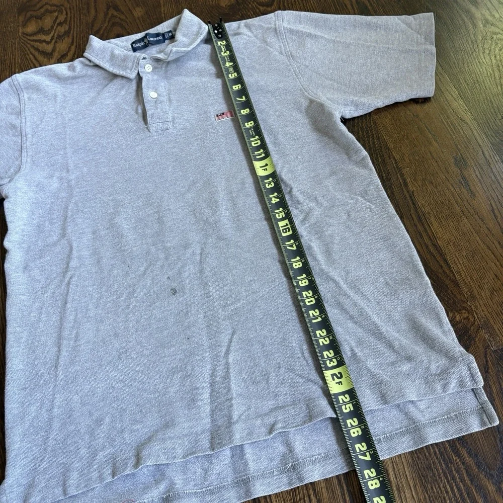 Vtg 90s Ralph Lauren USA Flag Patch Polo Shirt Mens M Gray Short Sleeve Heavy